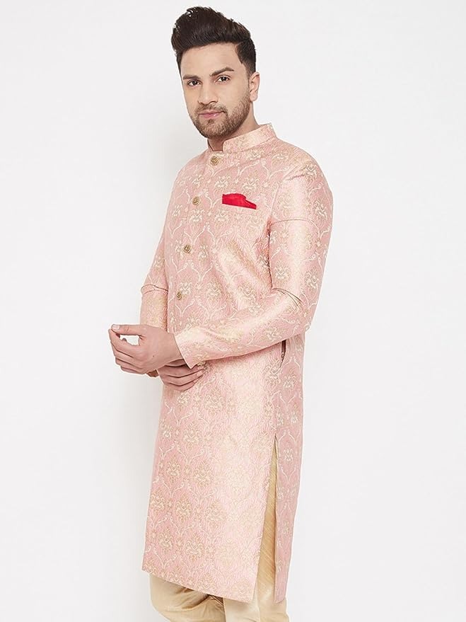 Vastramay Men’s Pink Silk Blend Sherwani – Ethnic Wear Top Only - Image 2