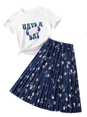 TAGAS Girls Flower Print Top & Skirt Set | Fancy Party Wear Dress for Girls