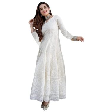 LookMark Women’s Cotton Chikankari Long Kurti Gown – Straight Fit