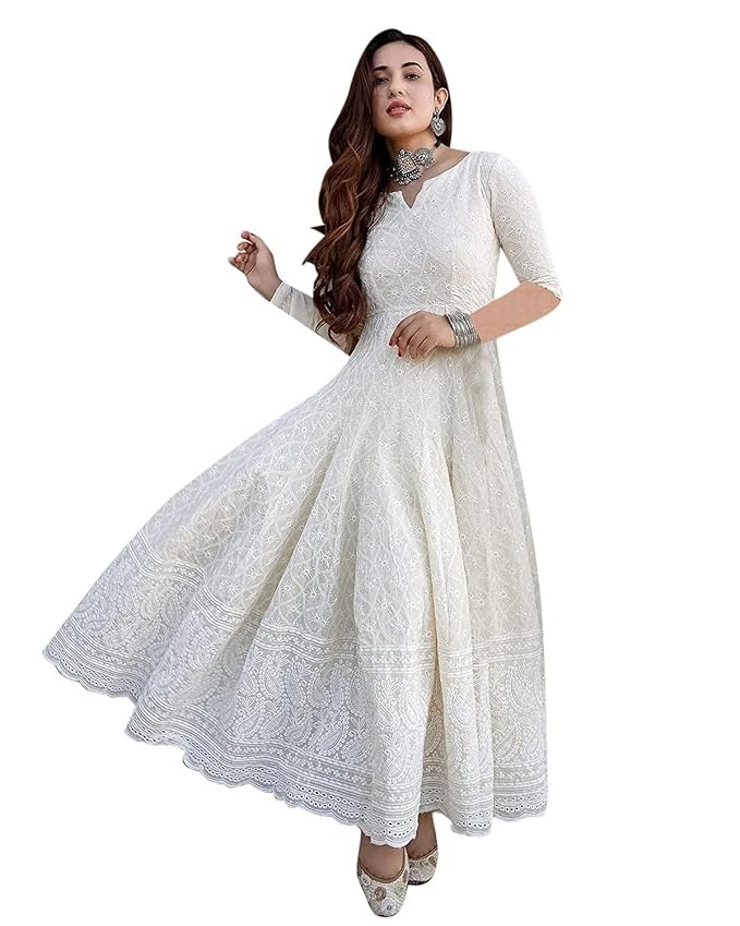 LookMark Women’s Cotton Chikankari Long Kurti Gown – Straight Fit - Image 2