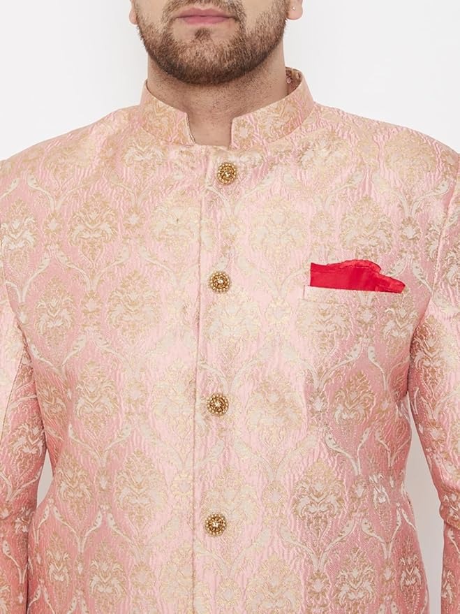 Vastramay Men’s Pink Silk Blend Sherwani – Ethnic Wear Top Only - Image 4