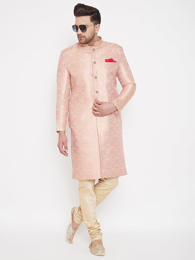 Vastramay Men’s Pink Silk Blend Sherwani – Ethnic Wear Top Only - Image 5